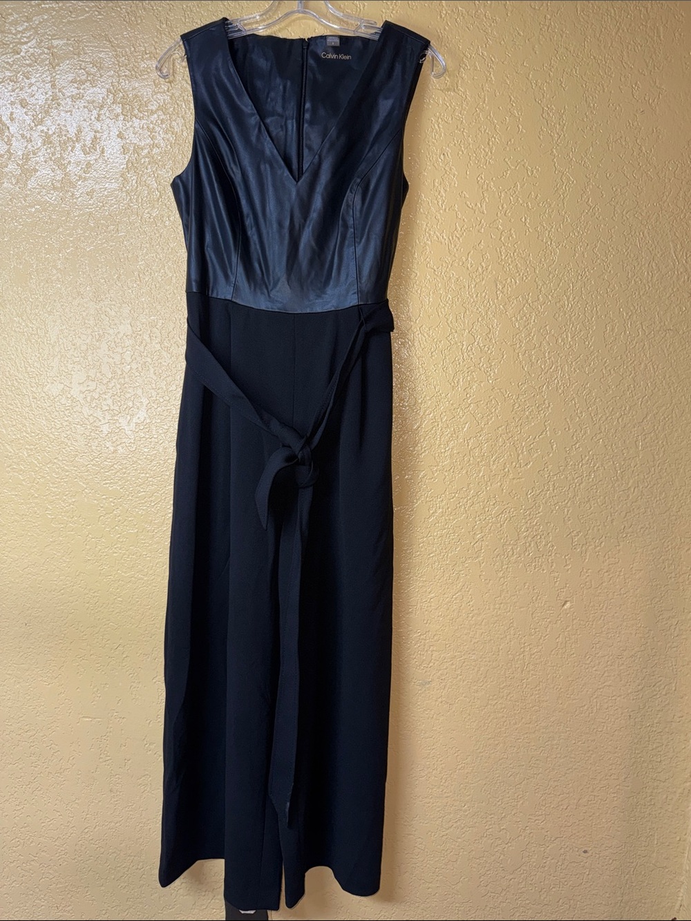 Calvin Klein Black Faux-Leather Bodice V-Neck Maxi Dress with Tie